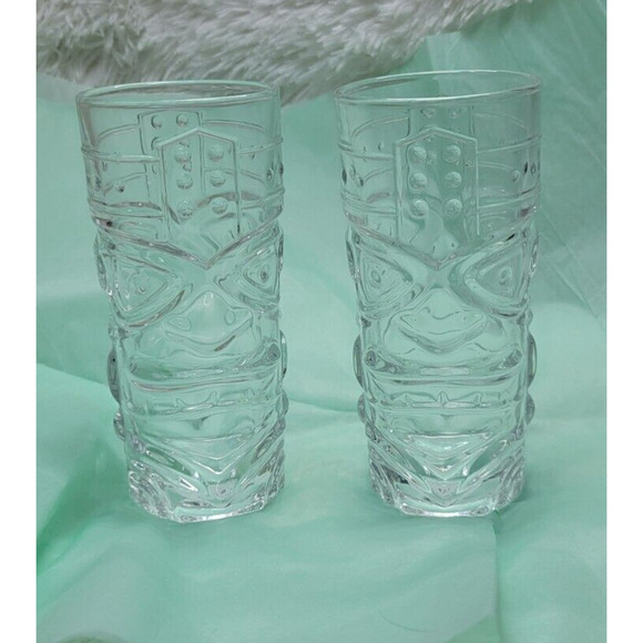 Prince of Scots 15oz Clear Glass Tiki Faces Drinking Glasses Set of 2 - Picture 1 of 4